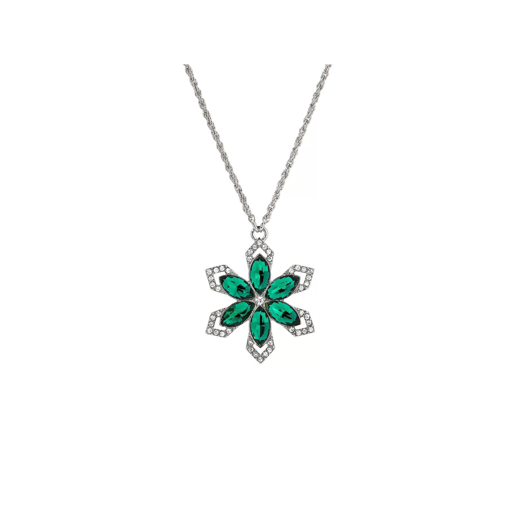 1928 Silver Tone Crystal Small Flower Necklace, Womens, Green Product Image
