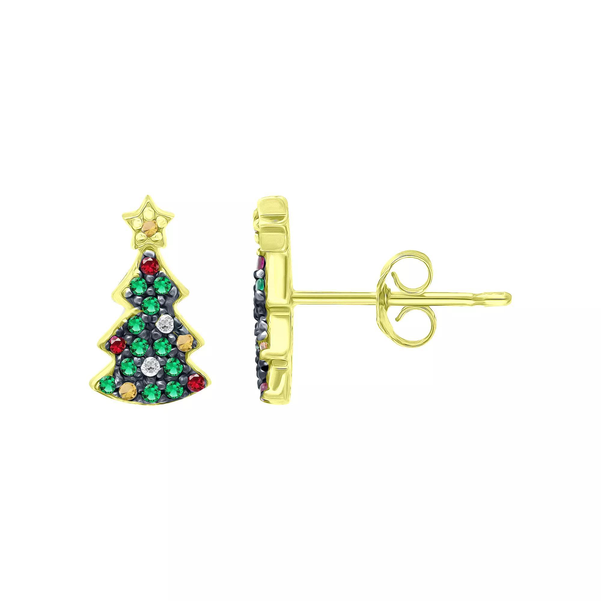 Aleure Precioso Sterling Silver Cubic Zirconia Christmas Tree Stud Earrings, Women's, Gold Tone Green Product Image