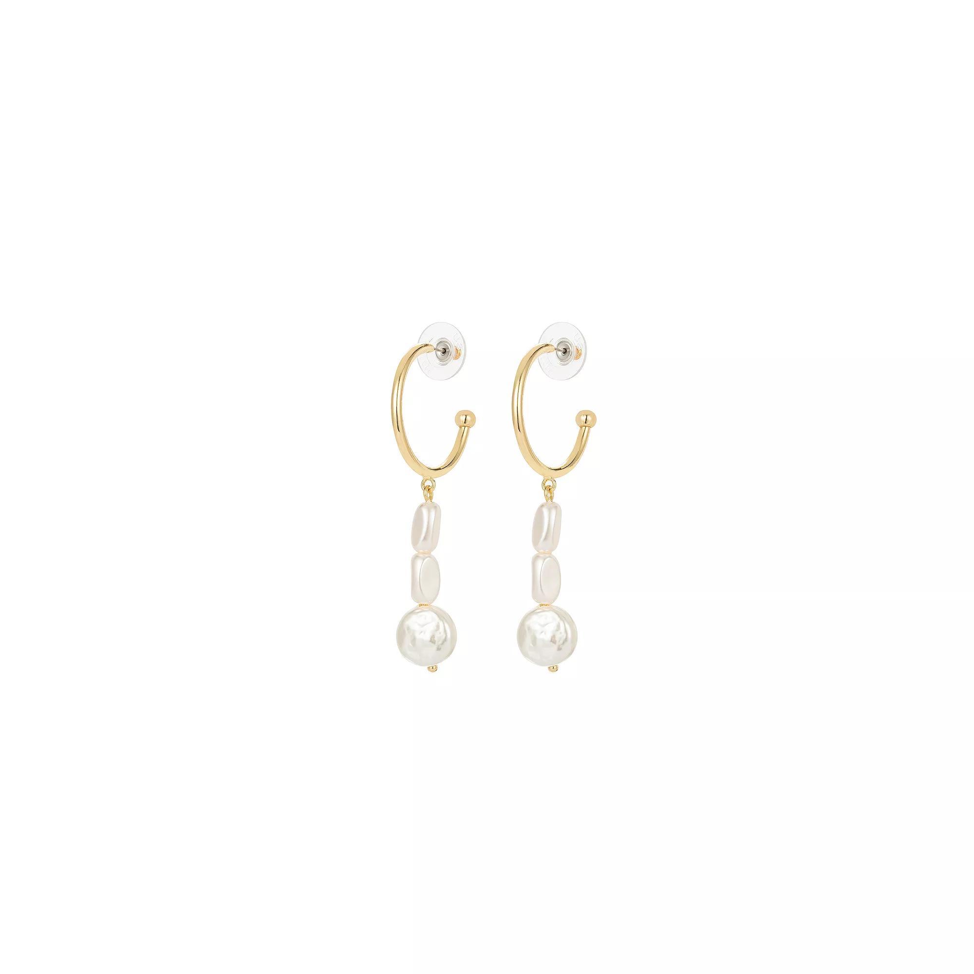Roman 14k Gold Plated Glass Simulated Baroque Pearls Trio C-Hoop Drop Earrings, Womens, Gold Tone Product Image