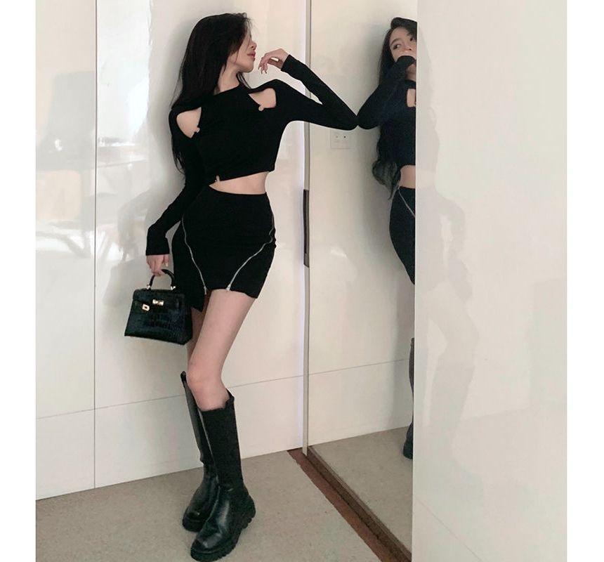 Long-Sleeve Crew Neck Plain Cutout Crop Tee / High Waist Zip Asymmetrical Mini Pencil Skirt / Crew Neck Two Tone Faux Leather Crop Zip Jacket / Set Product Image