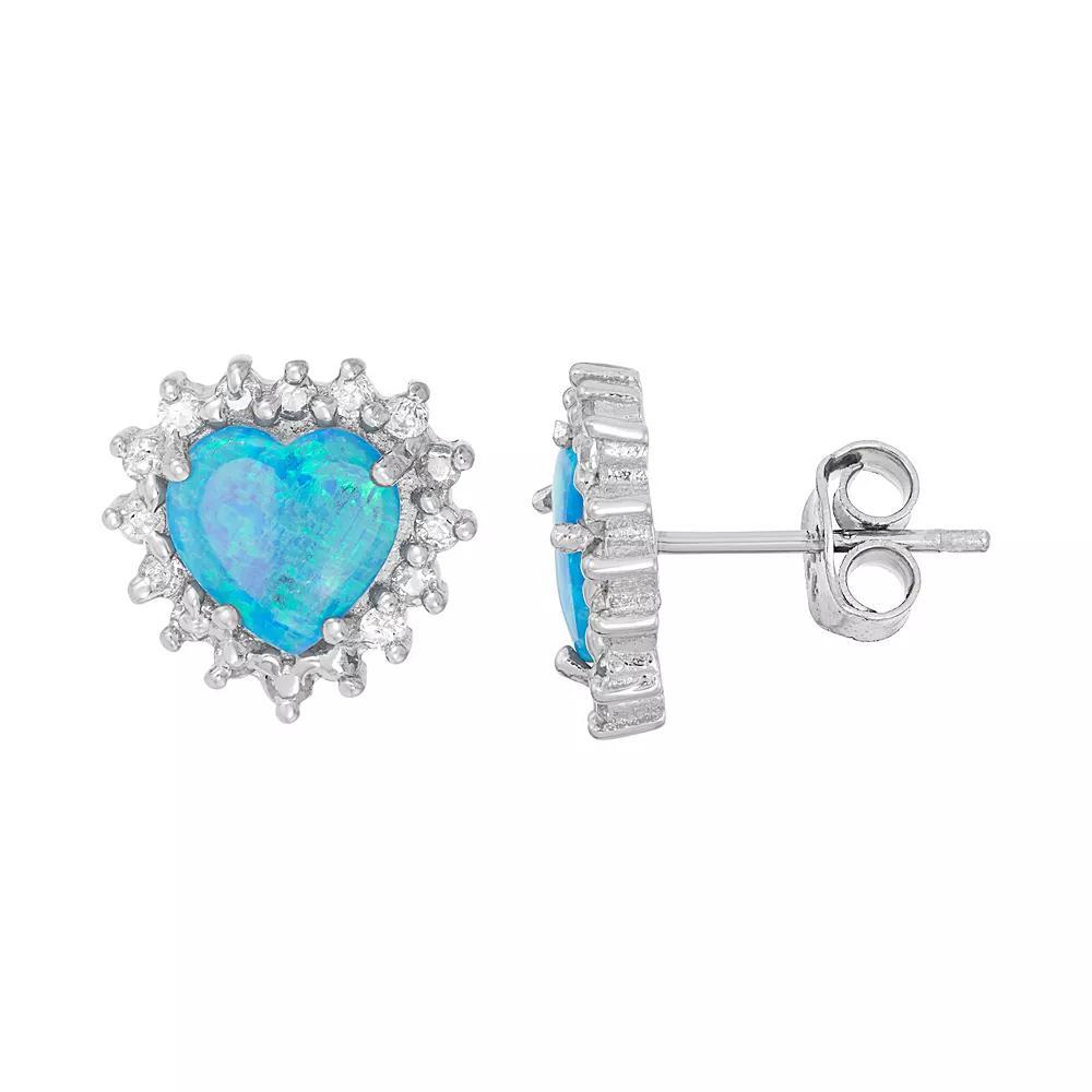 Lab-Created Blue Opal & Cubic Zirconia Sterling Silver Heart Halo Stud Earrings, Women's Product Image