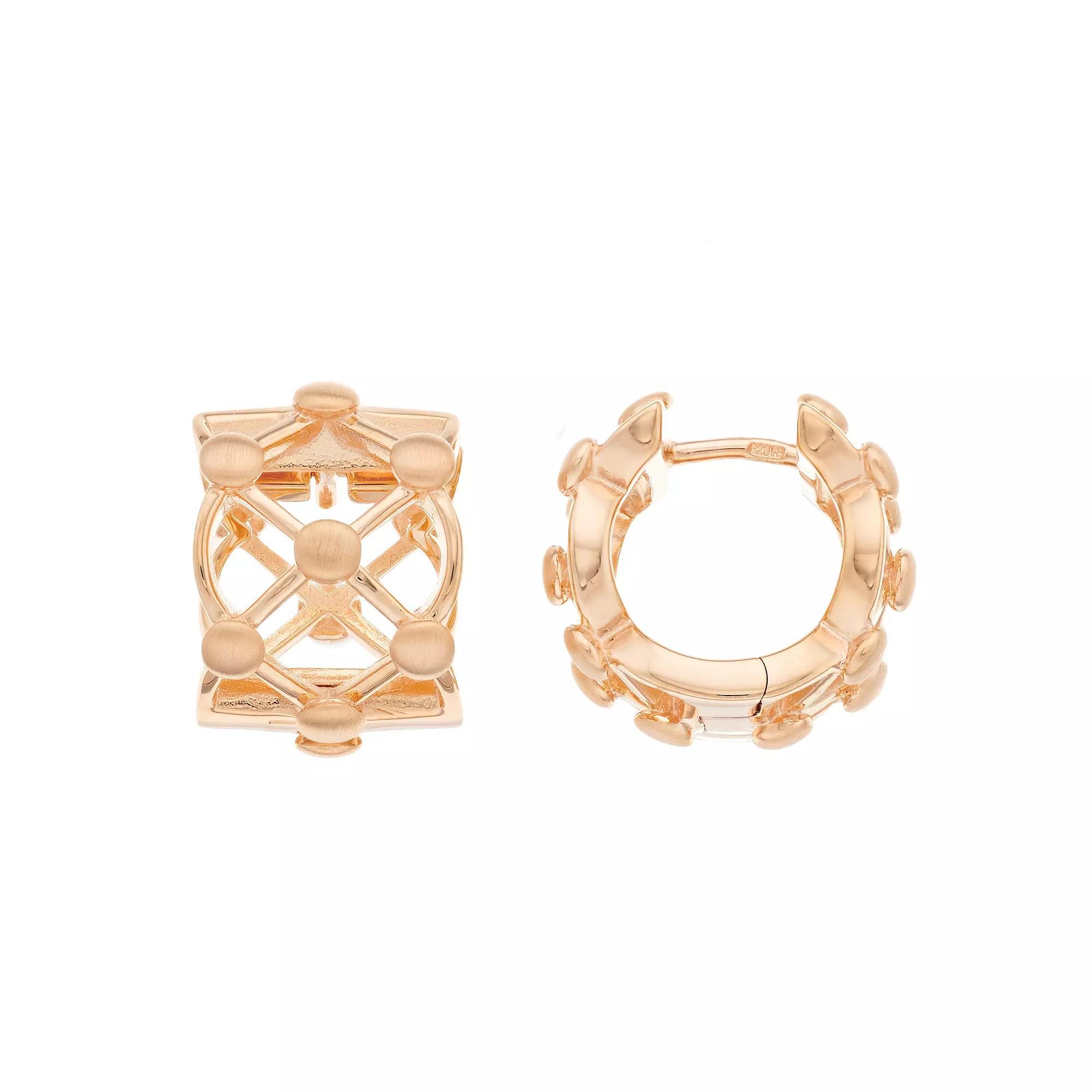 18k Rose Gold Over Silver Lattice Huggie Hoop Earrings, Women's, Pink Tone Product Image