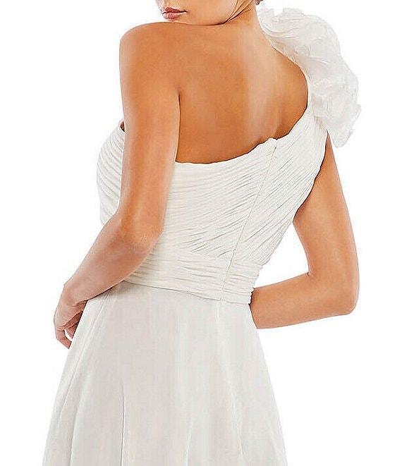 Mac Duggal Asymmetrical One Shoulder Sleeveless Ruffle Midi Dress Product Image