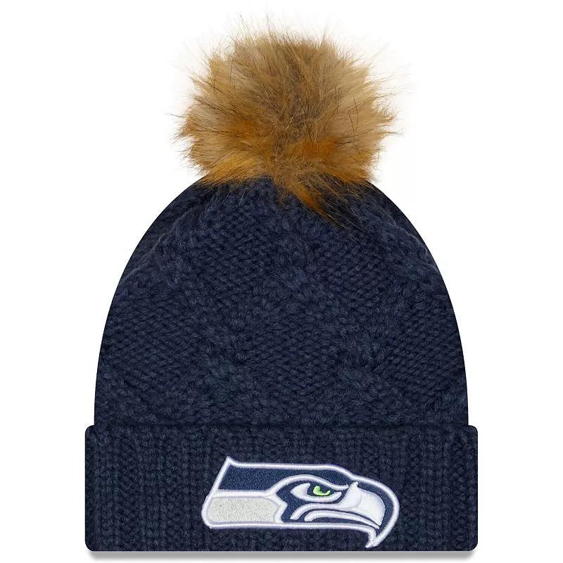 Womens New Era College Seattle Seahawks Luxe Cuffed Knit Hat with Pom, Blue Product Image