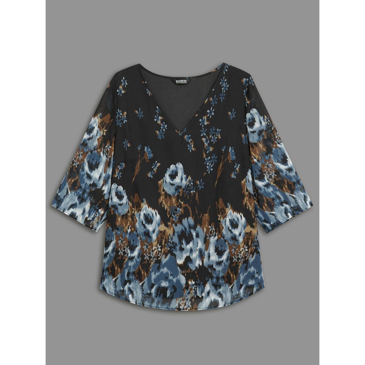 Plus Size Black V Neck Floral Bell Sleeve Blouse Women Elegant Elbow-length sleeve V-neck Everyday Blouses BloomChic 18-20/2X Product Image