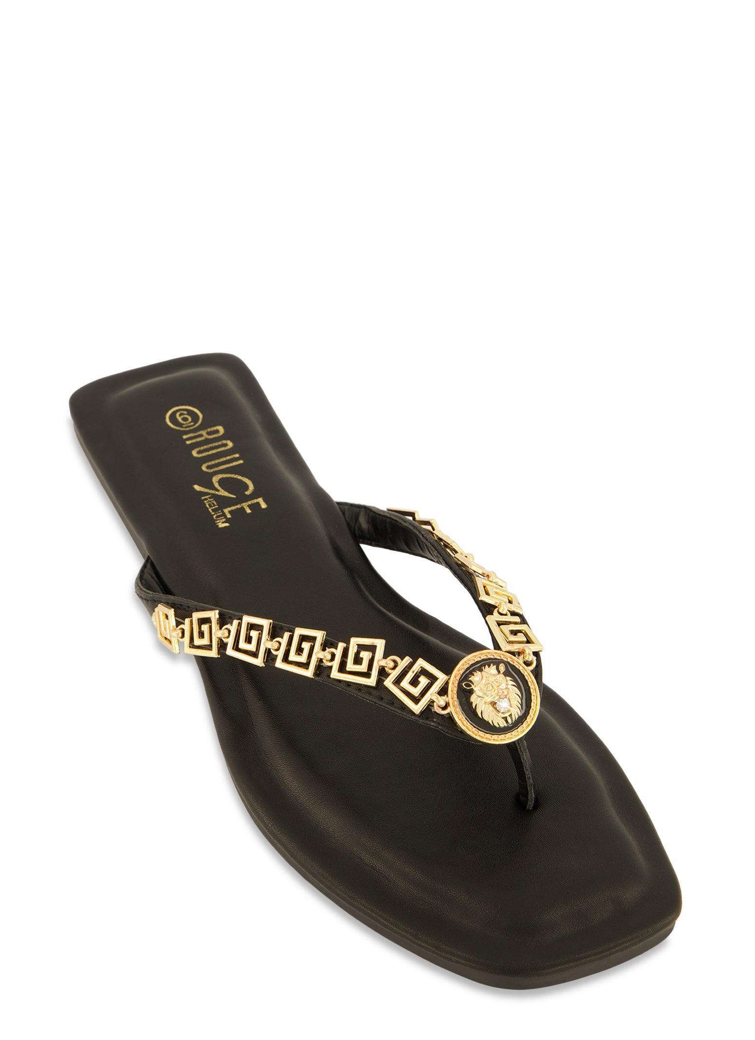 Womens Lion Pendant Greek Key Chain Thong Sandals Product Image