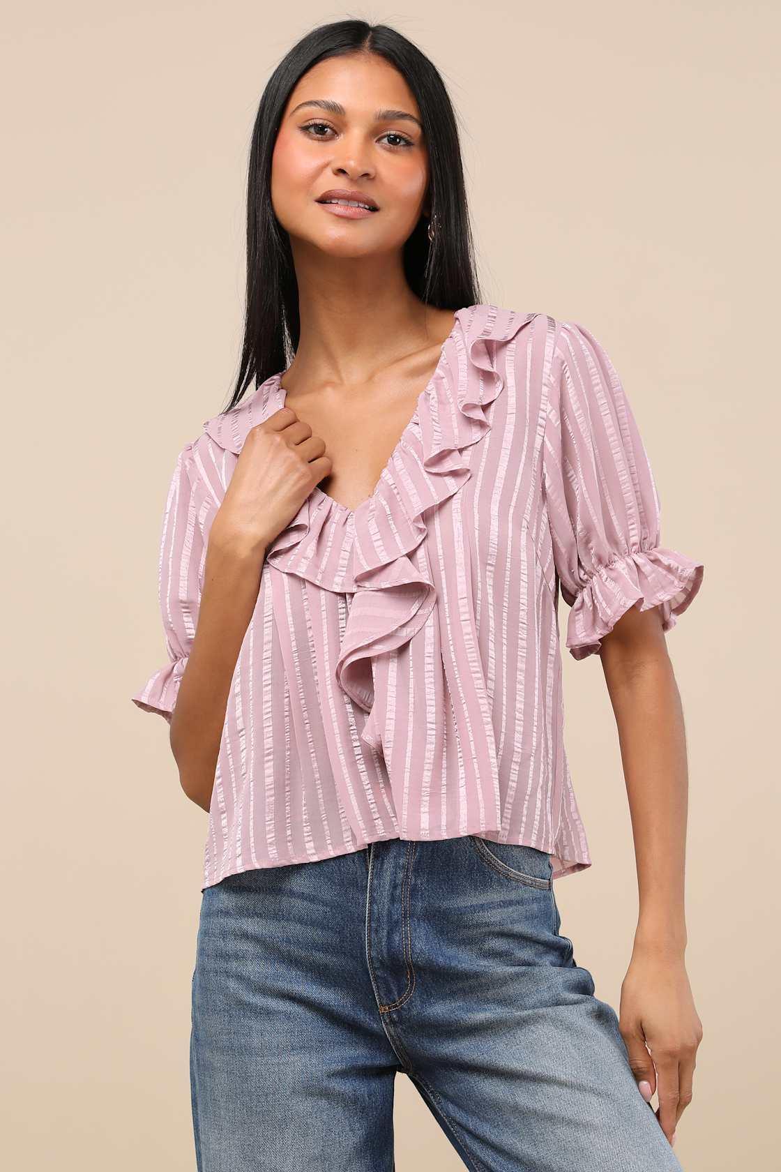 Dania Mauve Striped Ruffled Short Sleeve Top Product Image