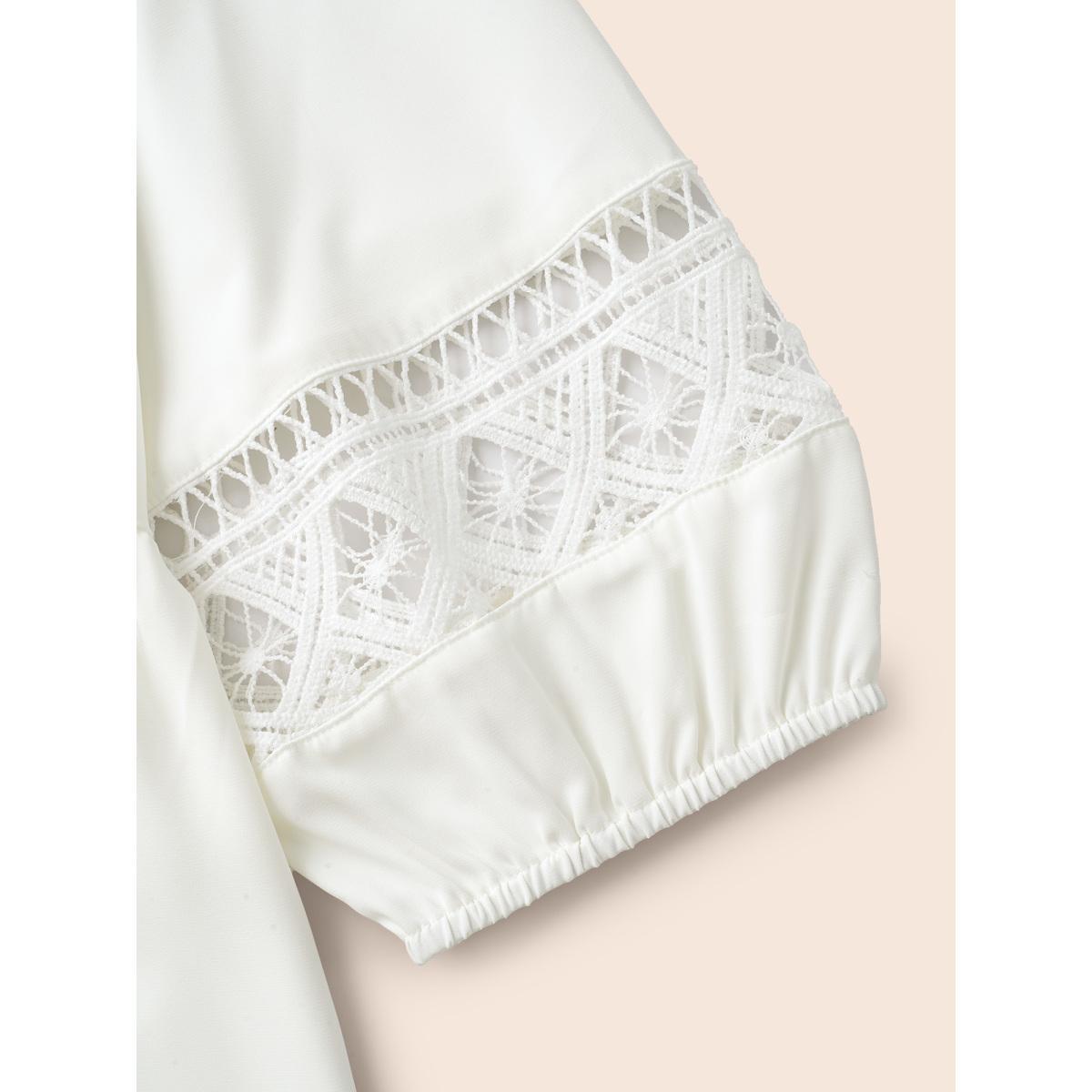 Plus Size WhiteSmoke Notched Patchwork Cut Out Lantern Sleeve Blouse Women At the Office Elbow-length sleeve Flat collar with V-notch Work Blouses BloomChic 10/M Product Image