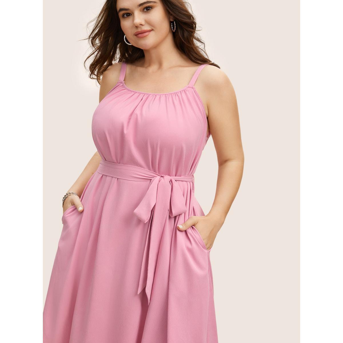 Plus Size Plain Textured Adjustable Straps Belted Dress Blush Women Casual Non Sleeveless Curvy BloomChic 22-24/3X Product Image