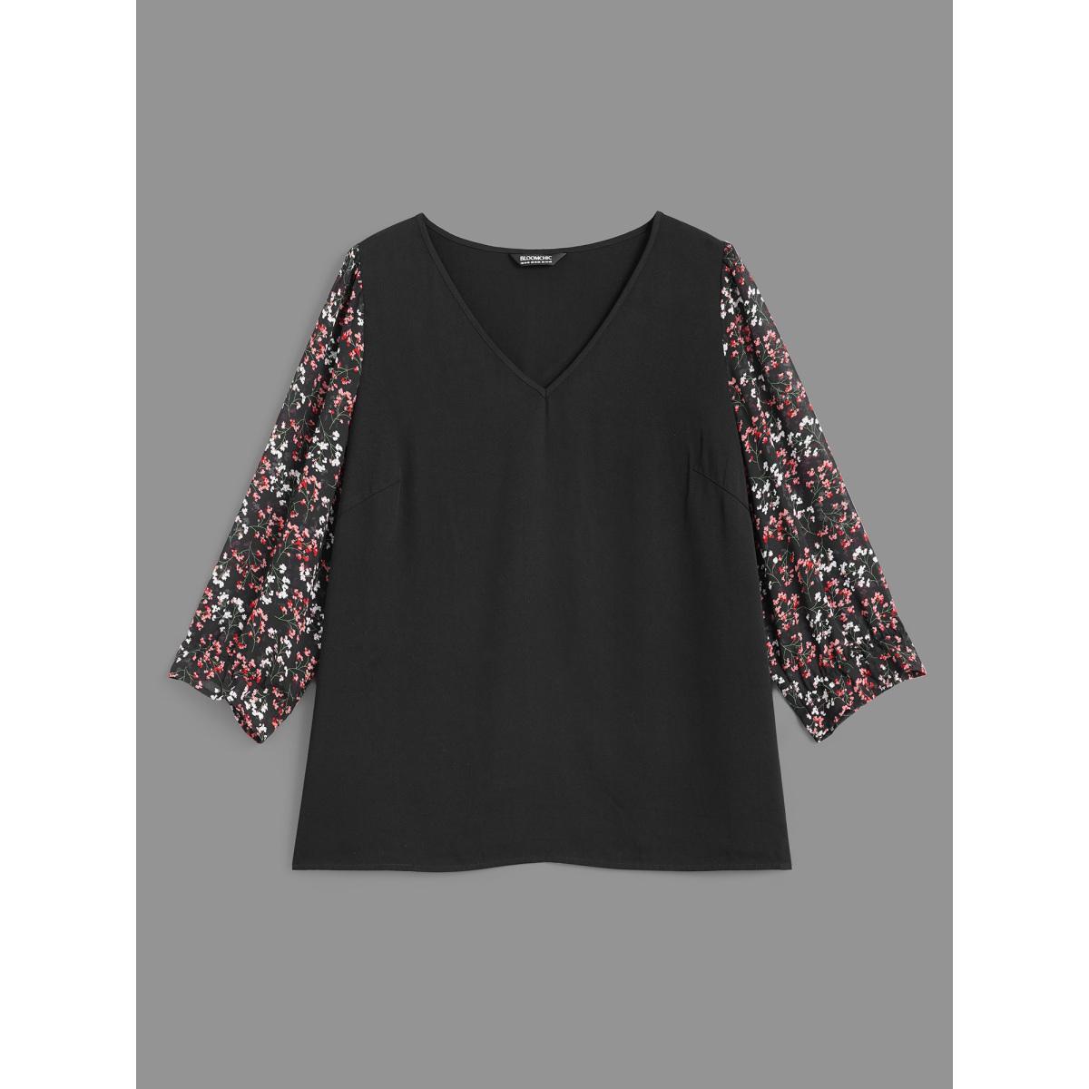 Plus Size Black V Neck Ditsy Floral Patchwork Blouse Women Elegant Elbow-length sleeve V-neck Everyday Blouses BloomChic 28/5X Product Image