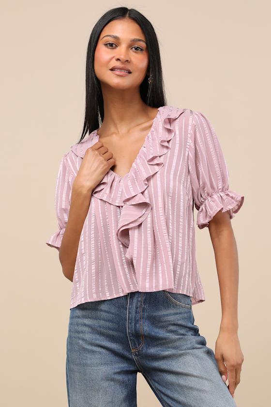 Dania Mauve Striped Ruffled Short Sleeve Top Product Image