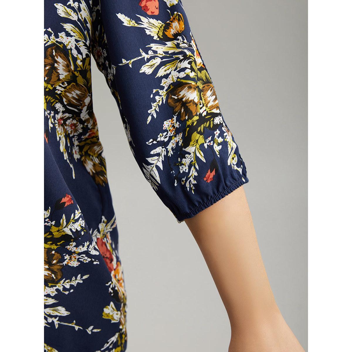 Plus Size Indigo Floral Print Notched Elastic Cuffs Blouse Women Elegant Elbow-length sleeve V-neck Dailywear Blouses BloomChic 12/L Product Image