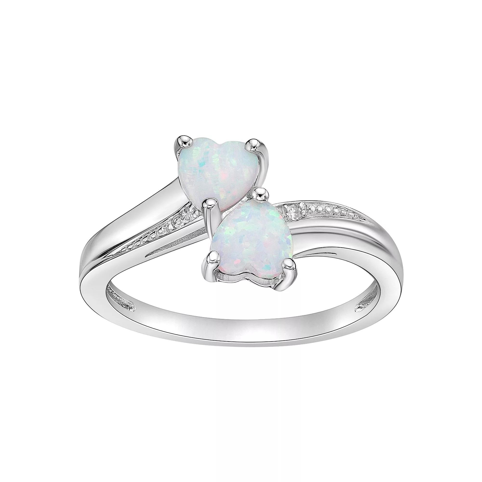 Gemminded Sterling Silver Lab-Created Opal and Diamond Accent Heart Bypass Ring, Women's, Size: 10, White Product Image
