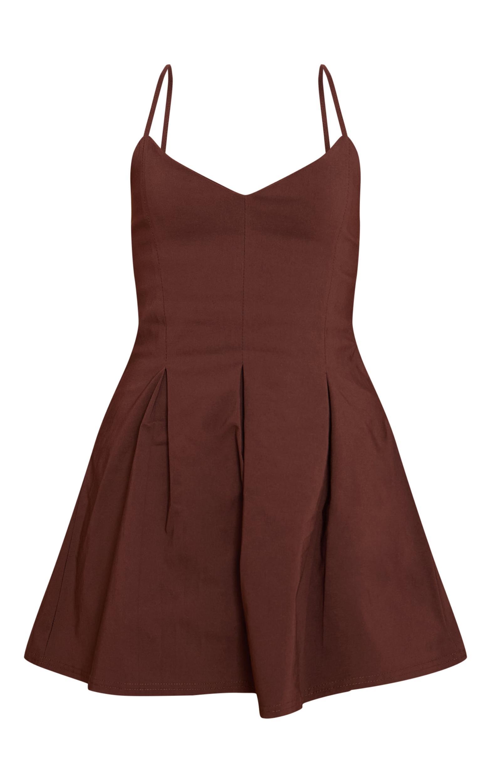  Chocolate Stretch Woven Strappy Pleated Shift Dress Product Image