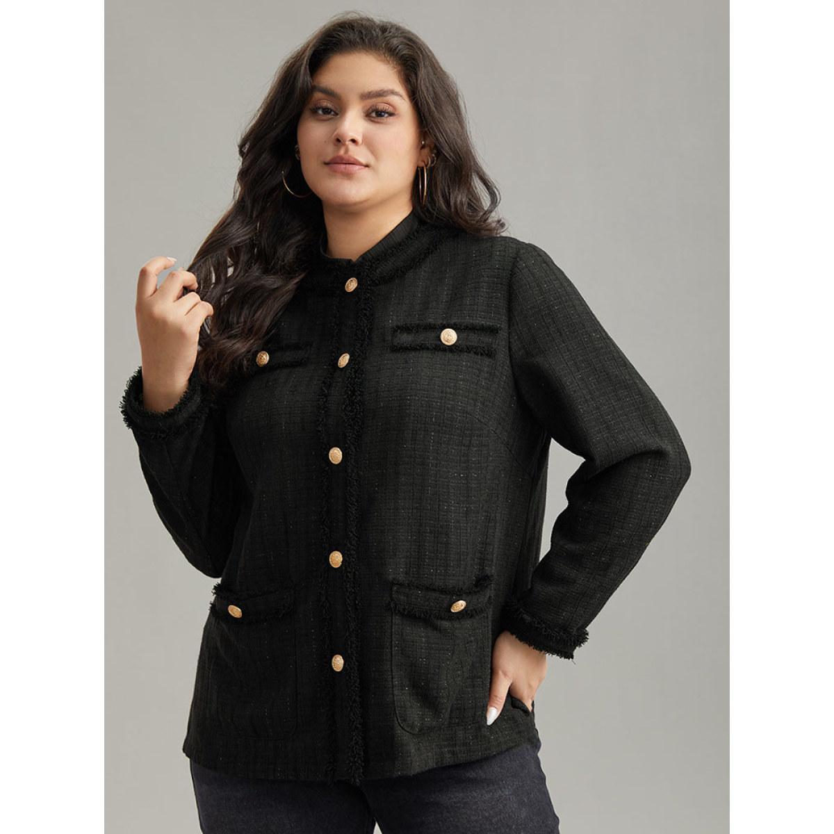 Plus Size Fuzzy Trim Pocket Metal Button Fly Jacket Women Black Casual Plain Ladies Everyday Winter Coats BloomChic 18-20/2X Product Image