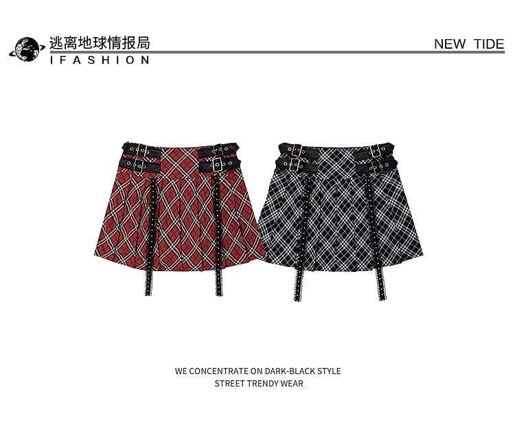 High Waist Plaid Buckled Pleated Mini A-Line Skirt Product Image