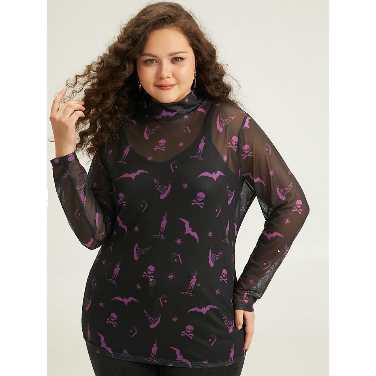 Plus Size Halloween Mock Neck Skull Print Mesh T-shirt Black Women Casual See through Graphic-Halloween Mock Neck Festival-Halloween T-shirts BloomChic 14-16/1X Product Image