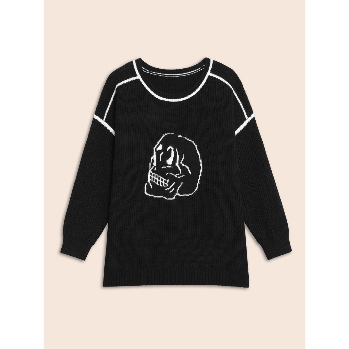 Plus Size Skull Printed Balloon Sleeves Pullover Black Women Casual Loose Long Sleeve Round Neck Everyday Pullovers BloomChic 22-24/3X Product Image