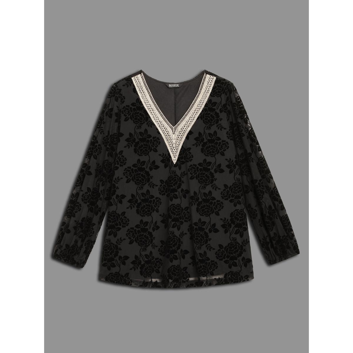 Plus Size Black Sheer Flocked Lace Trim V-neck Blouse Women Cocktail Long Sleeve V-neck Party Blouses BloomChic 28/5X Product Image