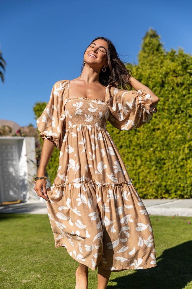 Swing Of Things Neutral Printed Smocked Midi Dress SALE Product Image