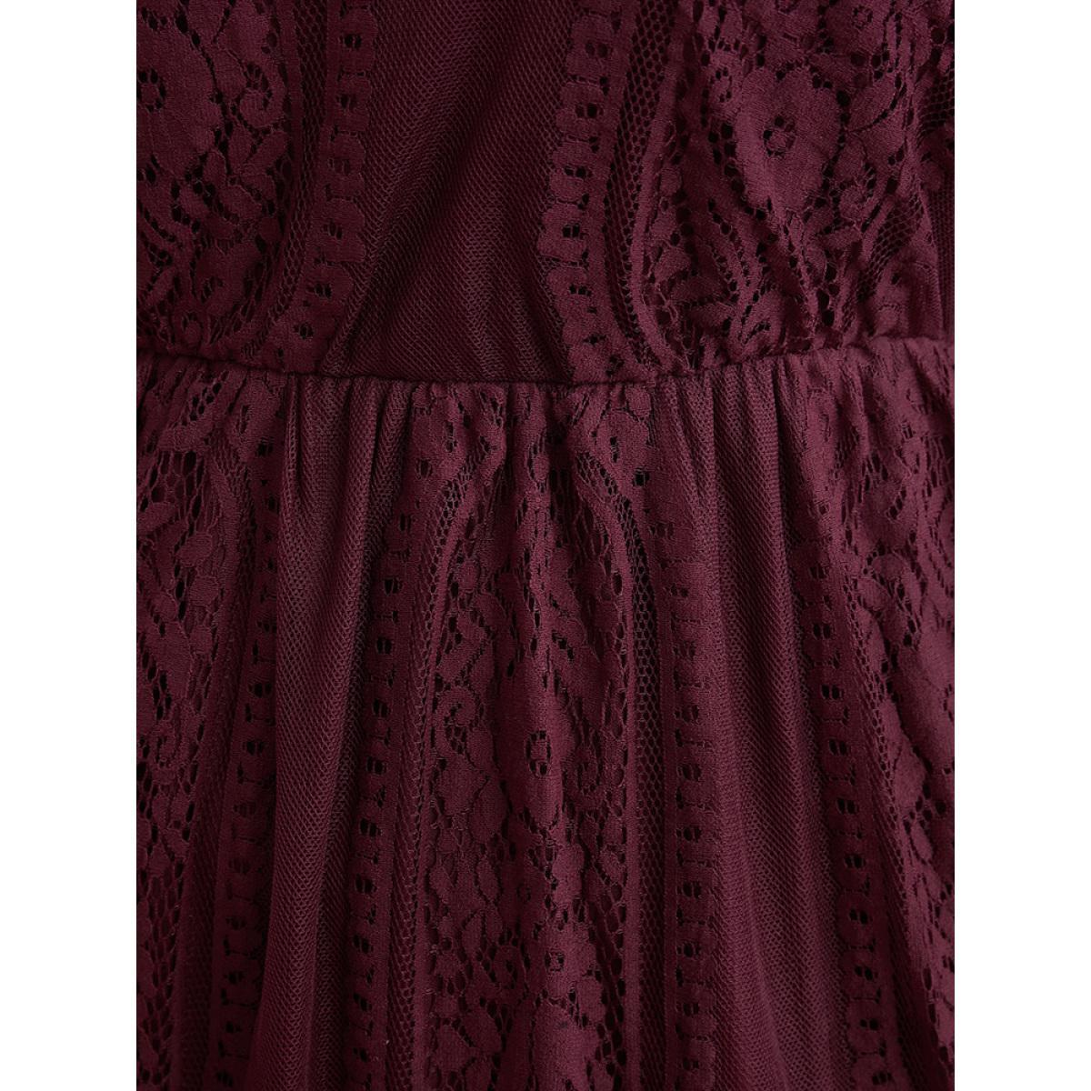 Plus Size Floral V Neck Pocket Contrast Lace Mesh Ruffles Dress Scarlet Women Glamour See through V-neck Elbow-length sleeve Curvy Midi Dress BloomChic 30/6X Product Image