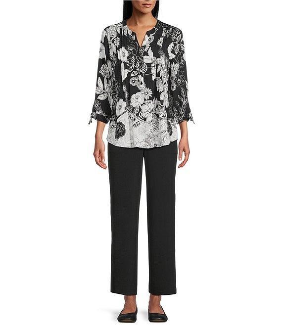 Allison Daley Petite Floral Slope Border Print 3/4 Sleeve Y-Neck Blouse Product Image