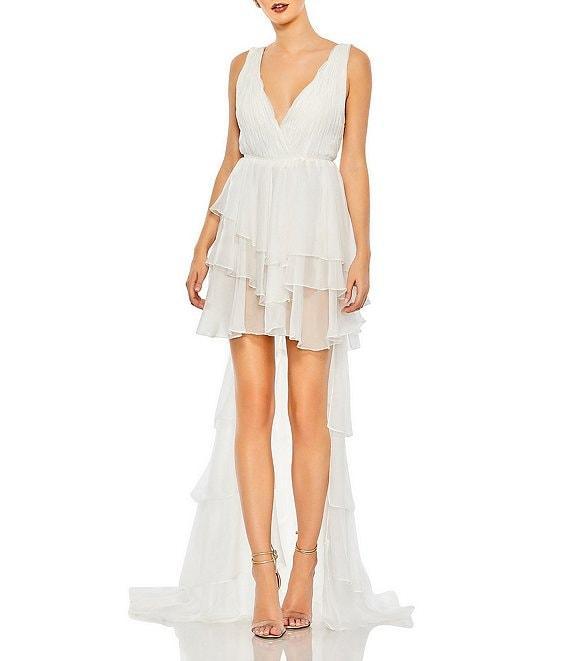 Mac Duggal Double V Neck Built in Bodysuit Hi Low Tiered Gown Product Image
