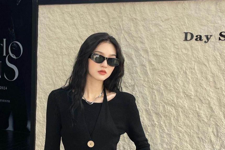Mock Two-Piece Long-Sleeve Halter Plain Button Ribbed Knit Top Product Image