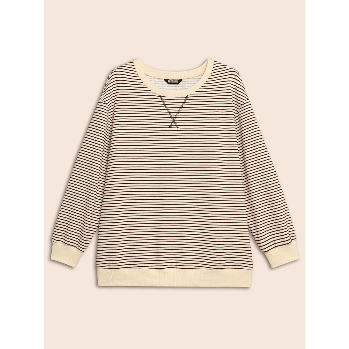 Plus Size Round Neck Striped Stitch Sweatshirt Women DarkBrown Casual Texture Round Neck Everyday Sweatshirts BloomChic 28/5X Product Image