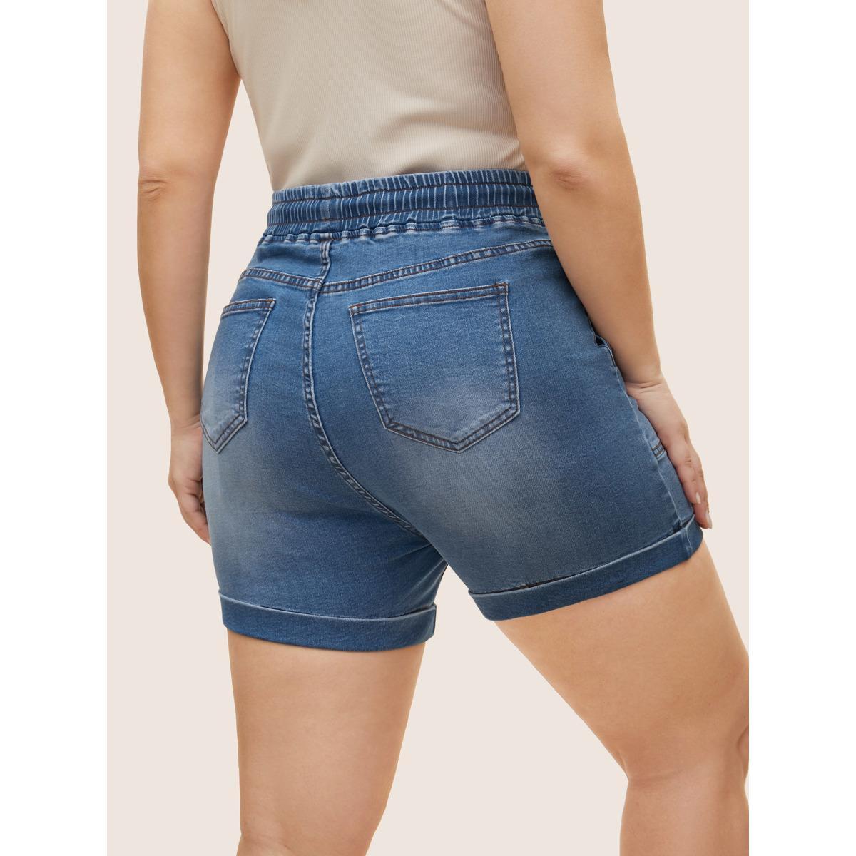 Plus Size Medium Wash Drawstring Roll Hem Denim Shorts Women Midblue Roll Hem High stretch Everyday Slanted pocket Casual Denim Shorts BloomChic 16/1X Product Image