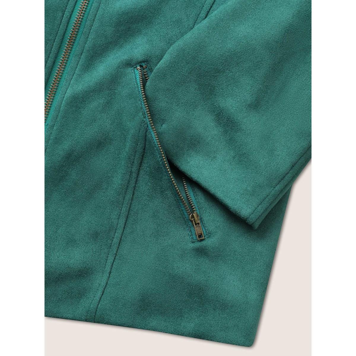 Plus Size Solid Faux Suede Zipper Lapel Collar Jacket Women Emerald Non Zippered pocket Everyday Jackets BloomChic 14-16/1X Product Image