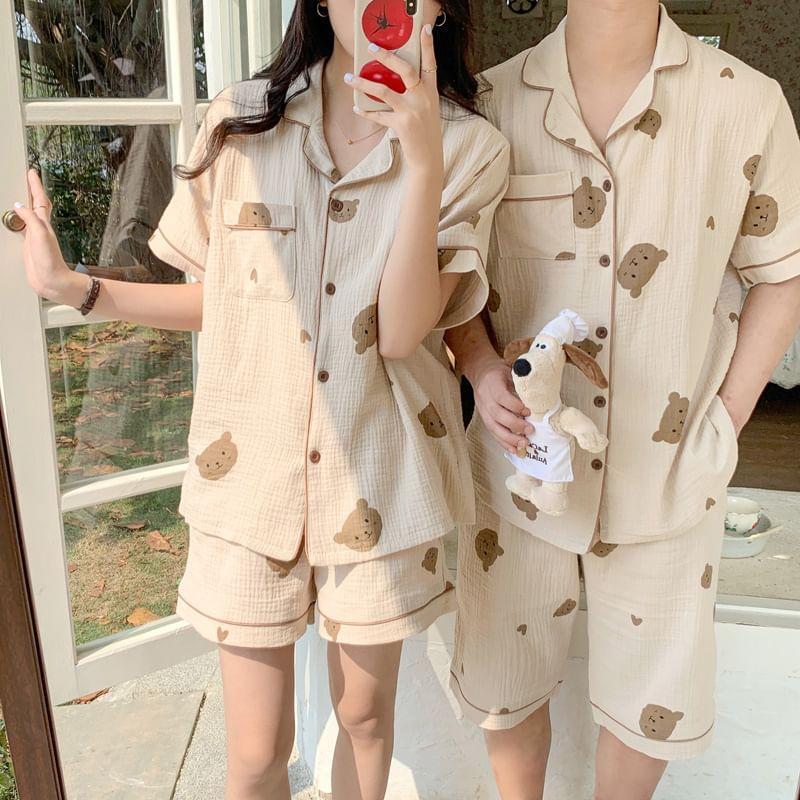 Couple Matching Pajama Set: Short-Sleeve Bear Print Shirt + Shorts Product Image
