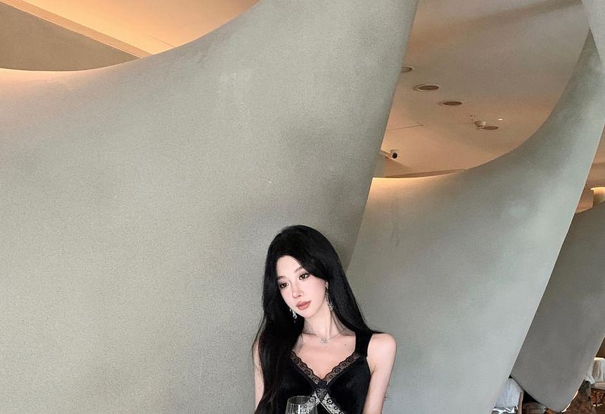 Spaghetti Strap V-Neck Velvet Lace Trim Maxi A-Line Dress Product Image