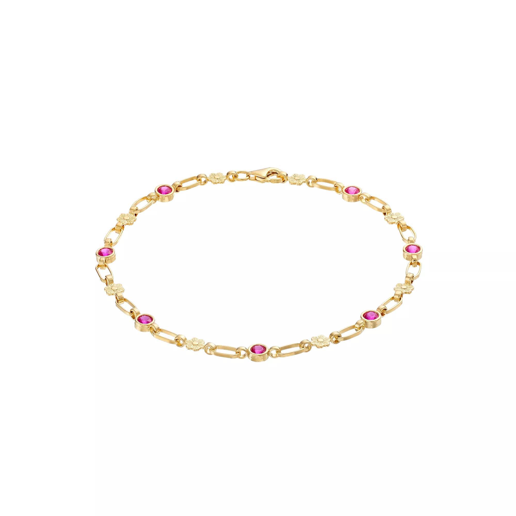 Kristen Kesho Sterling Silver Lab-Created Ruby Flower Link Bracelet, Women's, Size: 7.5", Gold Tone Product Image
