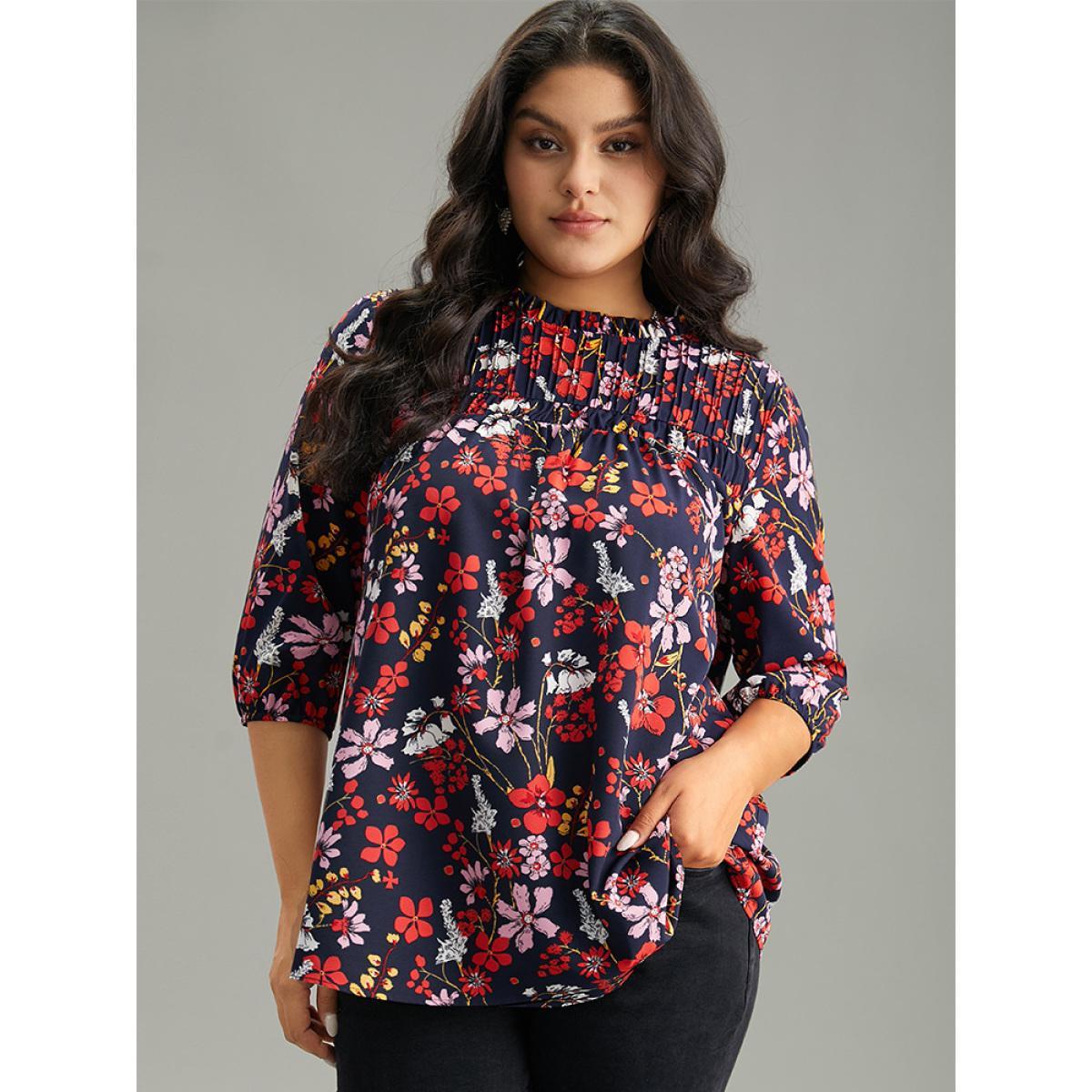 Plus Size Multicolor Floral Print Frill Trim Cut Out Blouse Women Elegant Elbow-length sleeve Round Neck Everyday Blouses BloomChic 22-24/3X Product Image