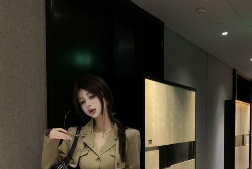 Sleeveless Lapel Collar Plain Button Top / Plain Open Crop Jacket / High Waist Plain Mini A-Line Skirt / Set Product Image