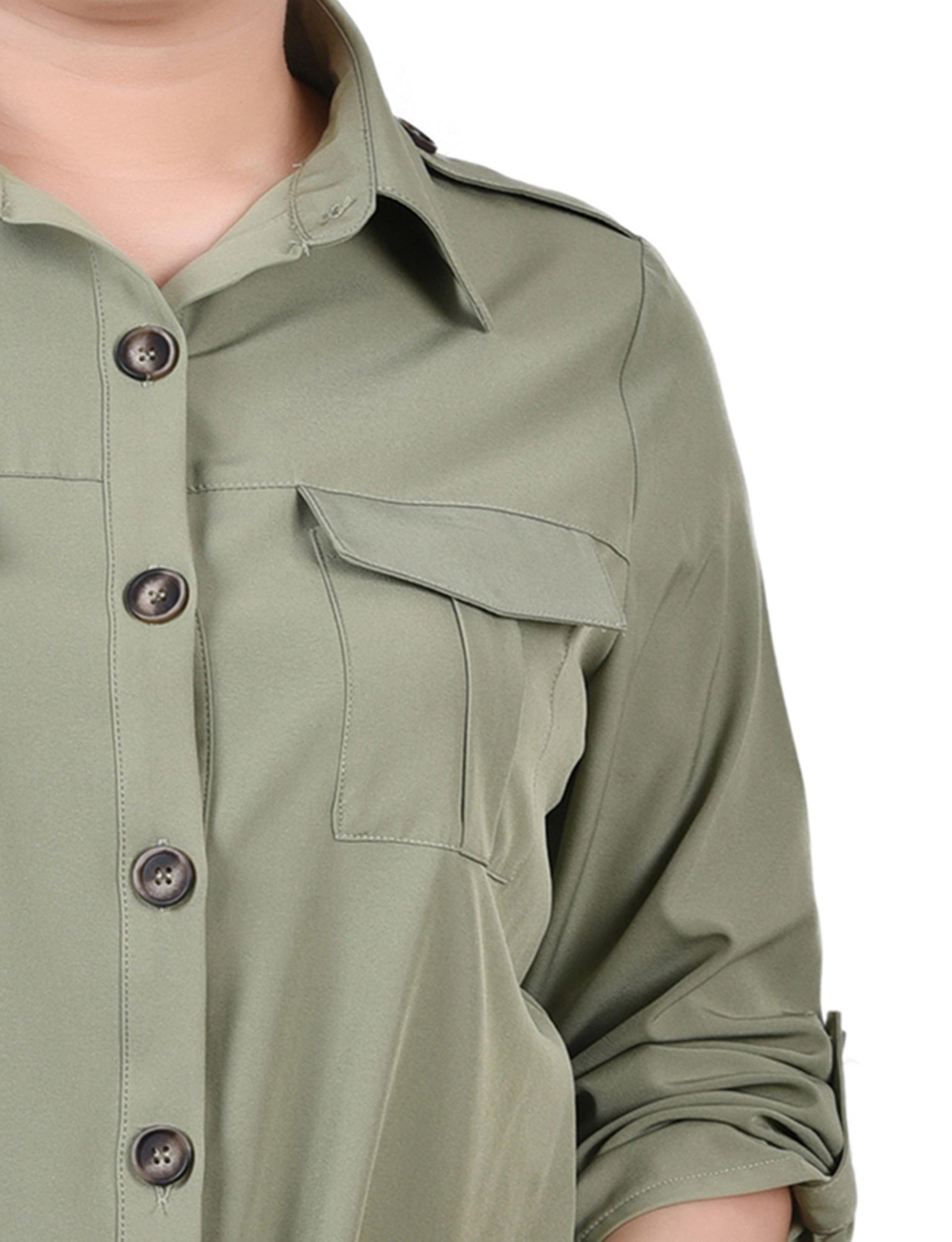 Oil Green 3/4 Sleeve Roll Tab Blouse Product Image