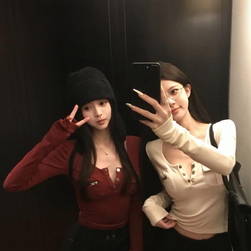 Long-Sleeve Scoop Neck Plain Zipped Slim Fit Crop T-Shirt Product Image