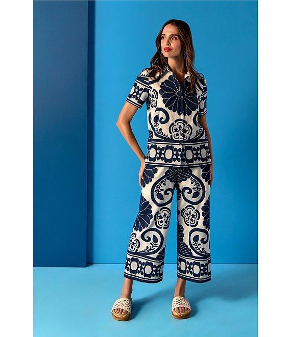 Trina Turk Abba Printed Clip Jacquard Point Collar Short Sleeve Top Product Image