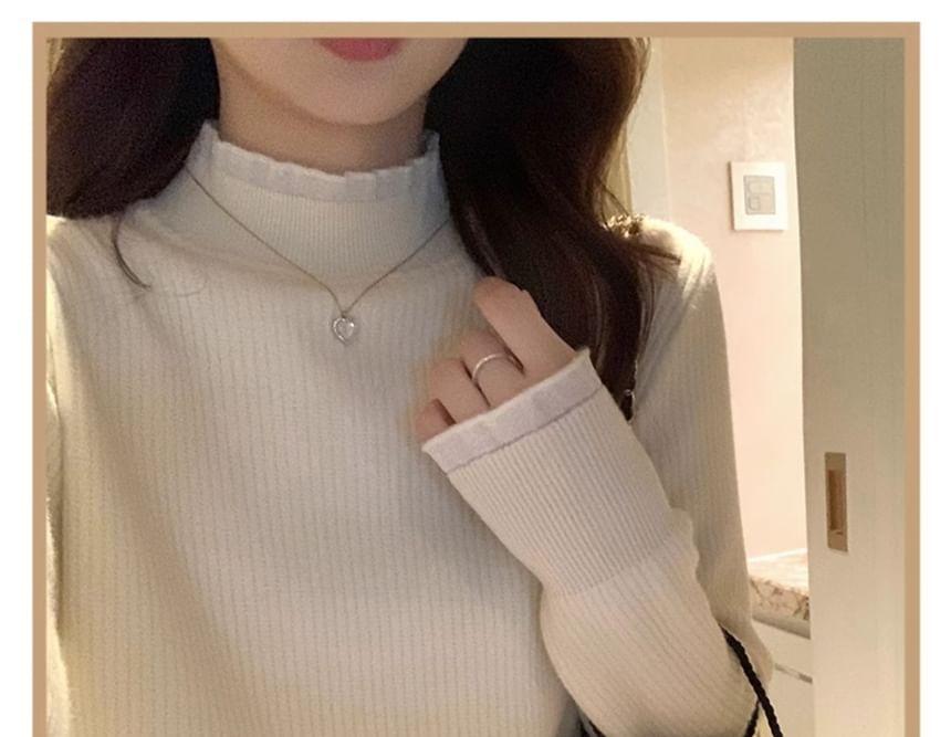 Mock Neck Plain Ruffle Trim Ribbed Knitted Sweater Product Image