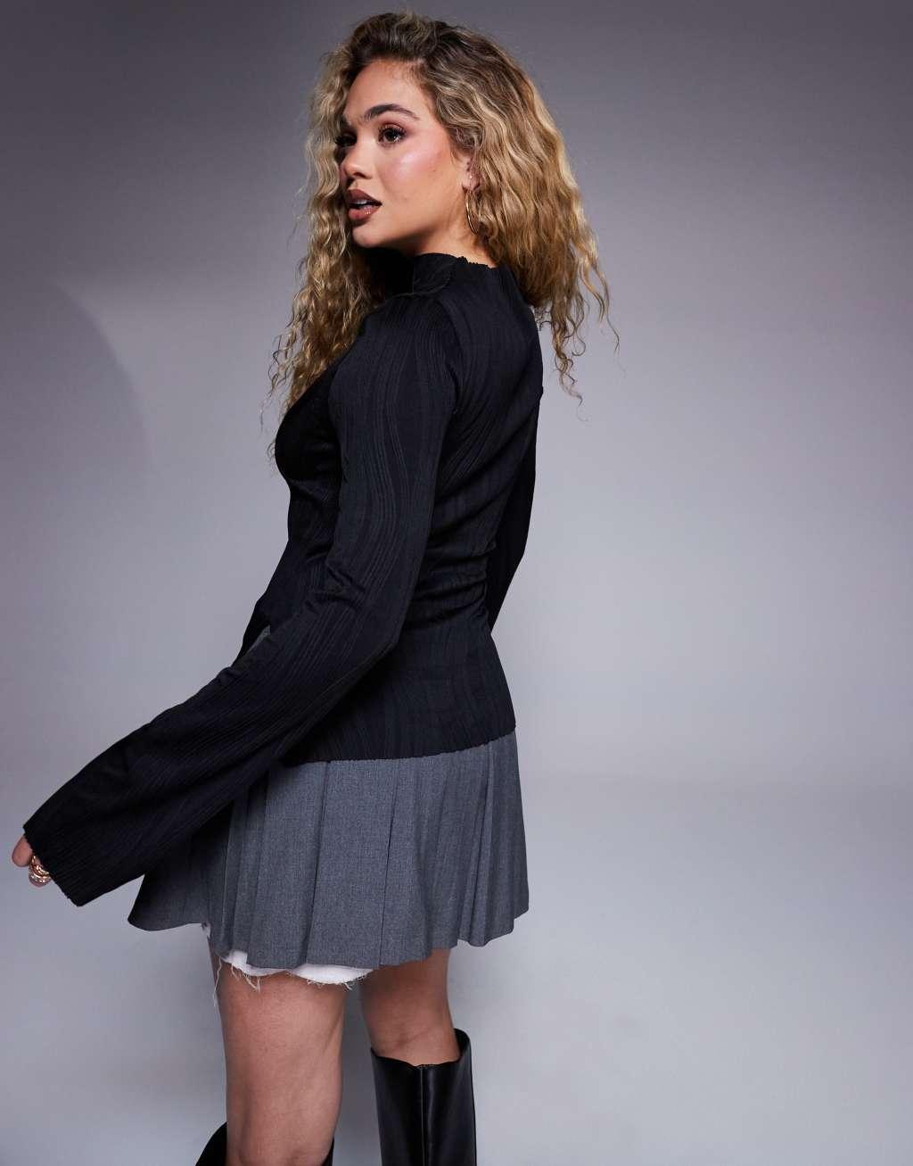 ASOS DESIGN plisse long sleeve top with grown on neck in black Product Image