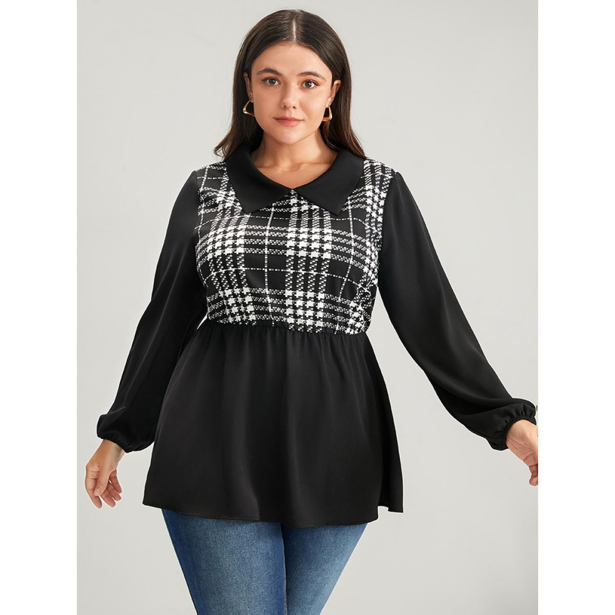 Plus Size Black Plaid Patchwork Lantern Sleeve Ruffle Hem Blouse Women Office Long Sleeve Lapel Collar Work Blouses BloomChic 30/6X Product Image