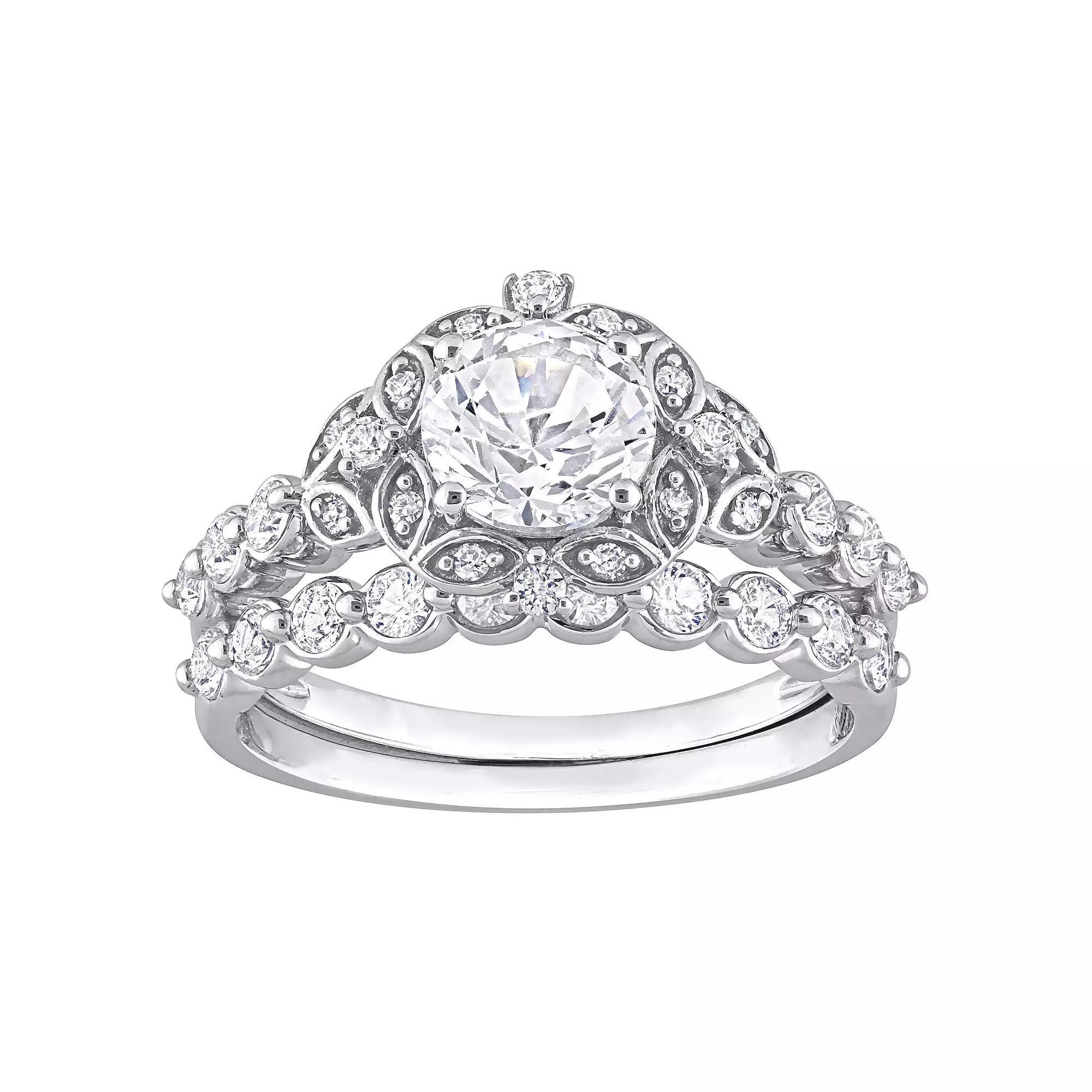 Stella Grace 10K White Gold Lab Created White Sapphire and Diamond Accent Vintage Bridal Ring Set, Women's, Size: 6 Product Image