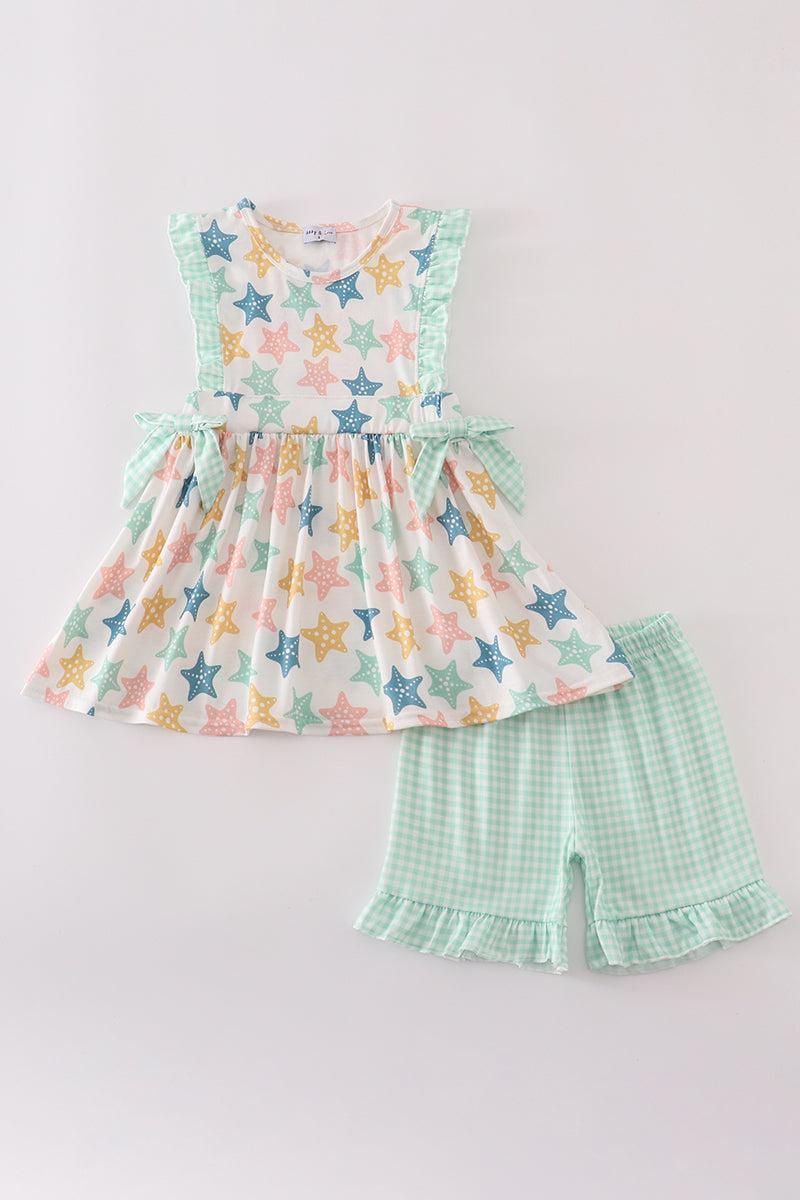 Blue seashell bow ruffle shorts set Product Image