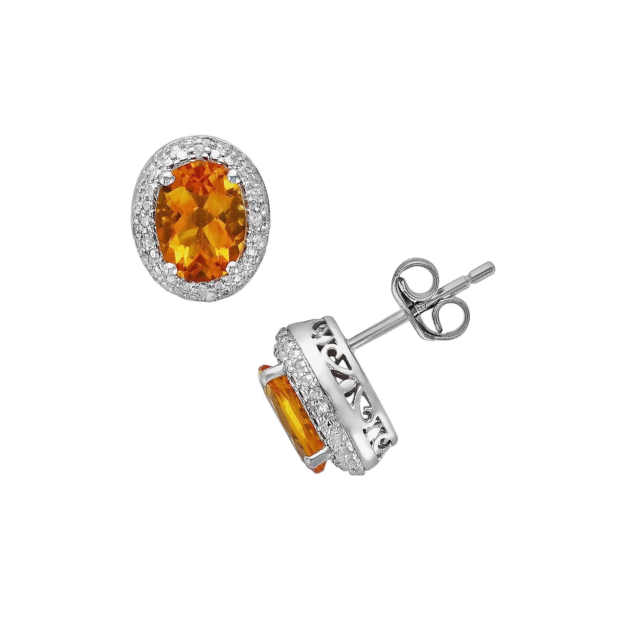 Sterling Silver Citrine and Diamond Accent Oval Frame Stud Earrings, Womens, Orange Product Image