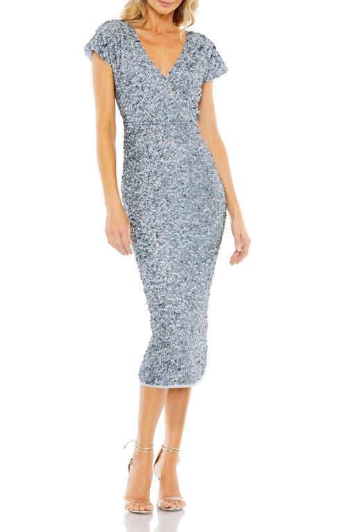 Mac Duggal Sequin Beaded Bodice V-Neck Short Sleeve Midi Dress Product Image