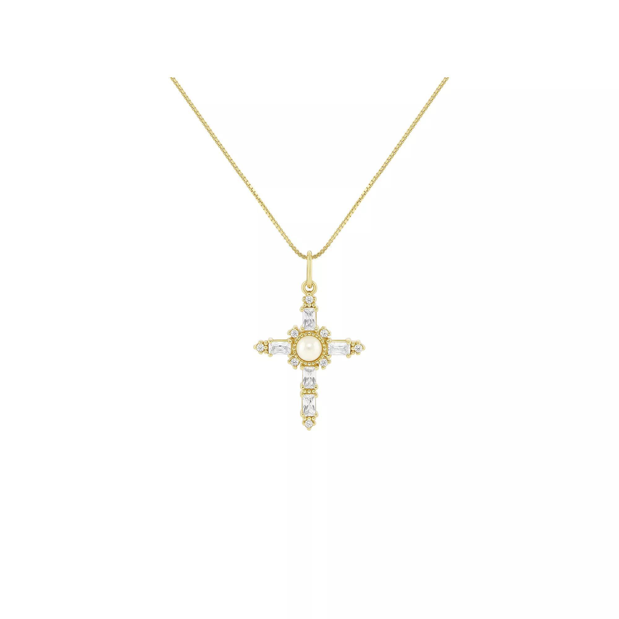 PRIMROSE Sterling Silver Simulated Pearl & Pave Cubic Zirconia Cross Box Chain Pendant Necklace, Women's, Size: 18", Gold Tone Product Image