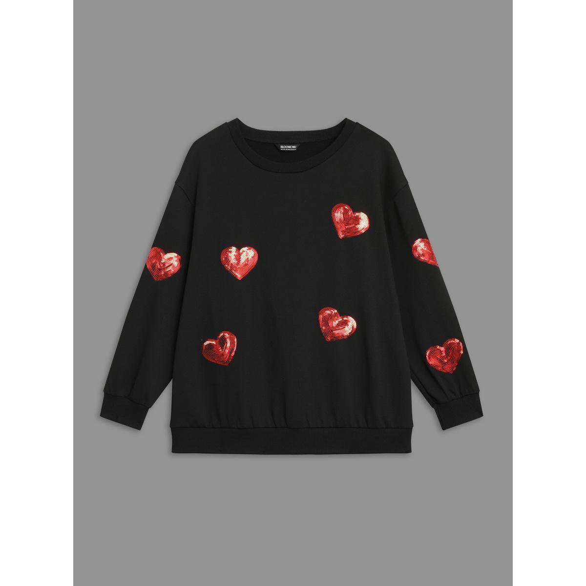 Plus Size Sequin Heart Embellished Puffy Sleeves Sweatshirt Women Black Casual Round Neck Everyday Sweatshirts BloomChic 22-24/3X Product Image