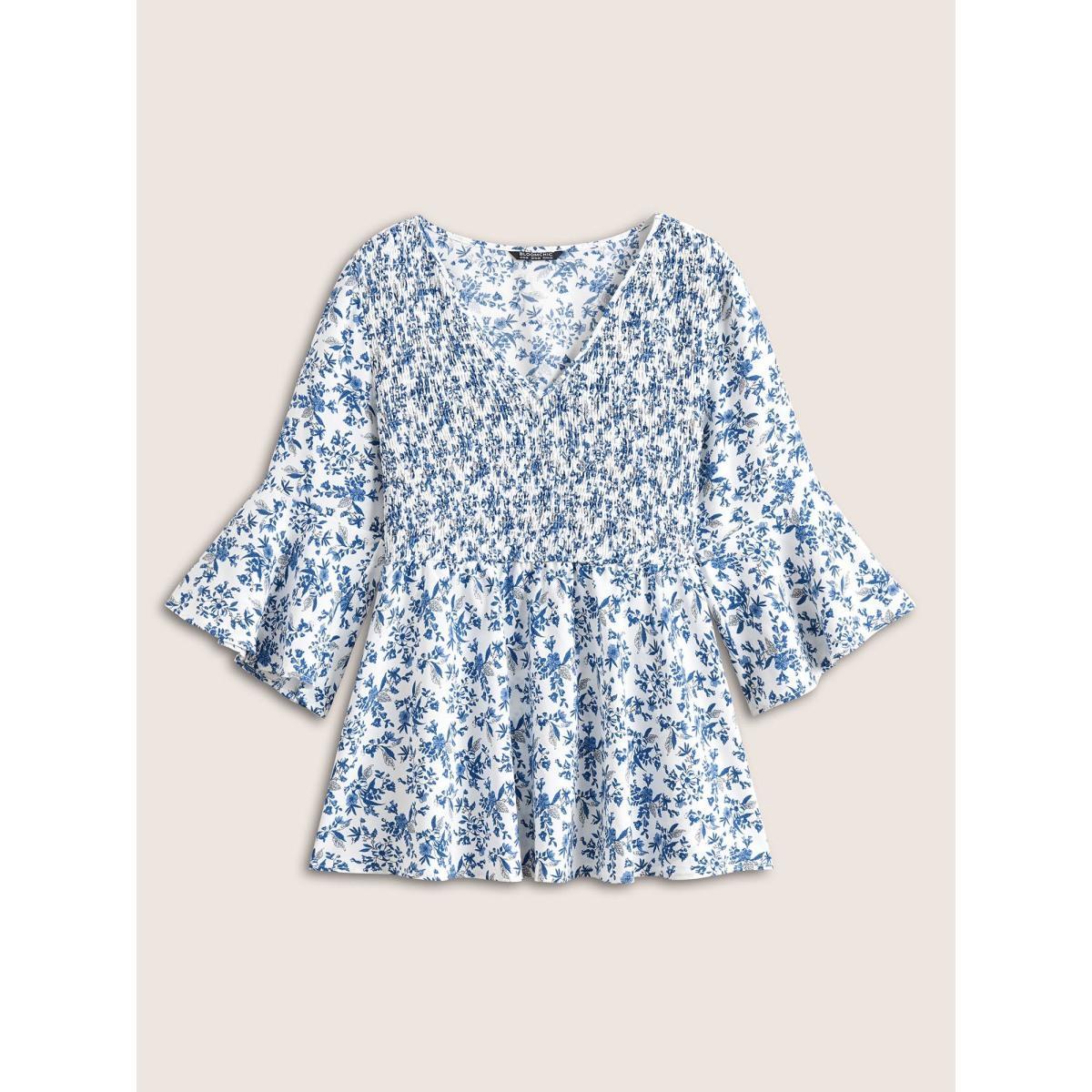 Plus Size White Ditsy Floral Shirred Ruffle Sleeve Blouse Women Elegant Elbow-length sleeve V-neck Everyday Blouses BloomChic 26/4X Product Image
