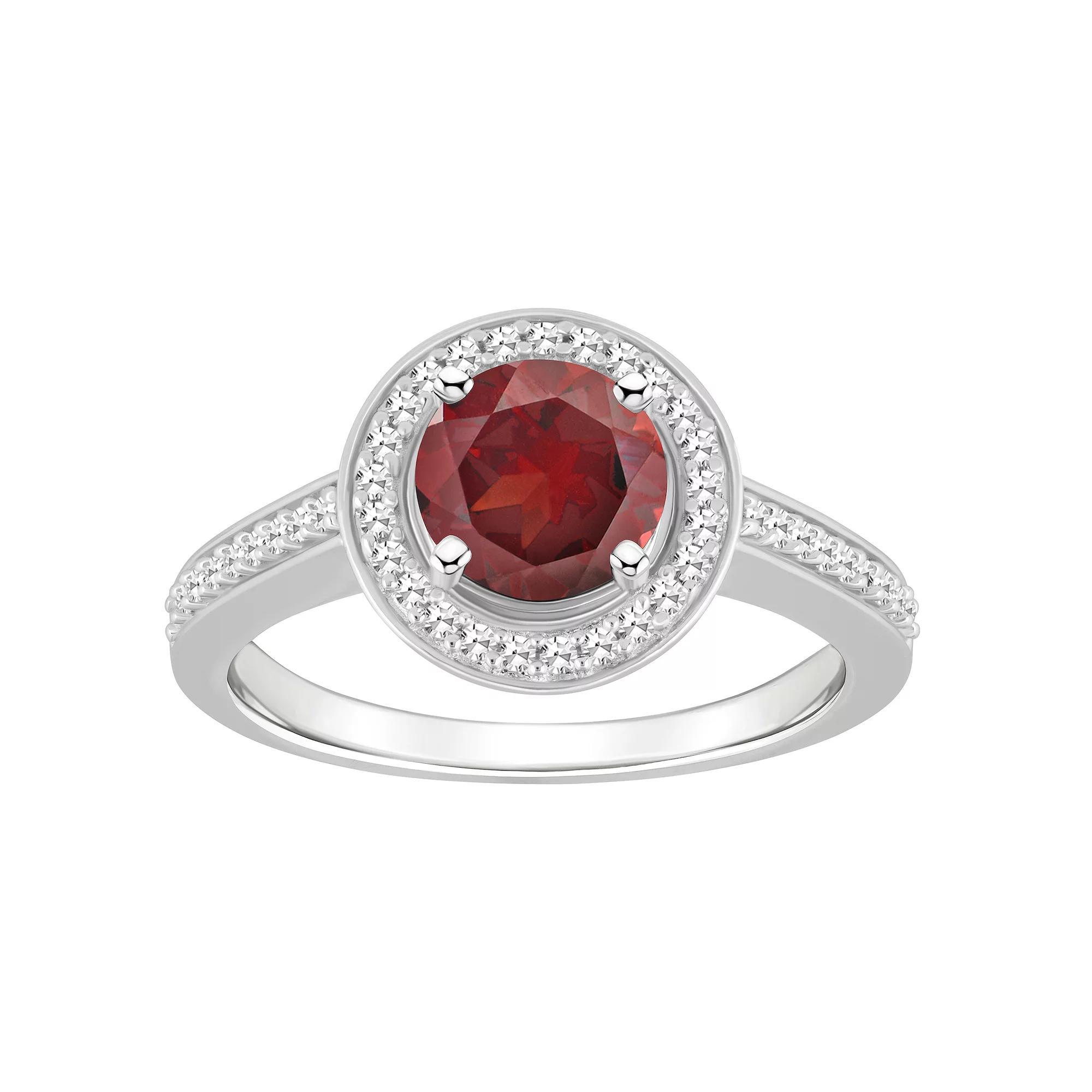 Celebration Gems Sterling Silver 7 mm Round Gemstone & 1/5 Carat T.W. Diamond Halo Ring, Women's, Size: 8, Red Product Image